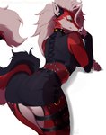 anthro belt blue_eyes bottomwear breasts clothed clothing crop_top eyebrows eyelashes female fur hair looking_at_viewer red_body red_fur shirt shorts simple_background solo spikes standing topwear white_background white_body white_fur white_hair vexstacy canid canine fox mammal 2022 digital_media_(artwork) hi_res