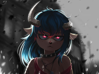 anthro asymmetrical_horns backlighting blue_hair blurred_background broken_horn clothed clothing collar cross cross_necklace fur hair horn jewelry light necklace solo hydrabb mammal unknown_species 2021 4:3 digital_media_(artwork) digital_painting_(artwork) hi_res lighting painting_(artwork)