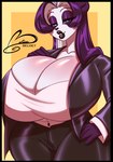 anthro big_breasts black_border border breasts cleavage clothed clothing female fur hair huge_breasts lipstick long_hair long_sleeves looking_at_viewer makeup office_lady purple_hair purple_lipstick simple_background solo white_body white_fur ooo-belise-ooo bear giant_panda mammal 2022 artist_name digital_media_(artwork) watermark