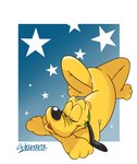 black_ears black_nose collar collar_only crossed_legs eyes_closed feral nude simple_background sleeping solo star yellow_body harara disney pluto_(disney) canid canine canis domestic_dog mammal 2020 hi_res signature