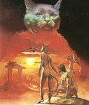 anthro back_muscles bottomwear breasts clothed clothing cloud cockpit duo female fur loincloth loincloth_only male novel_cover shadow spacecraft stairs sun sunset temple topless vehicle boris_vallejo felid feline human mammal painted_(disambiguation)