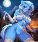 anthro anthrofied areola areola_slip bandage biped blue_body blue_skin blurred_background blush breasts eyebrows eyelashes female full_moon genitals hair holidays horn jack-o'-lantern looking_at_viewer moon mummy_costume mummy_wrappings navel open_mouth outside purple_eyes pussy smile solo text twistedscarlett60 friendship_is_magic halloween hasbro my_little_pony mythology trixie_(mlp) equid equine mammal mythological_creature mythological_equine unicorn 2024 digital_media_(artwork) hi_res url