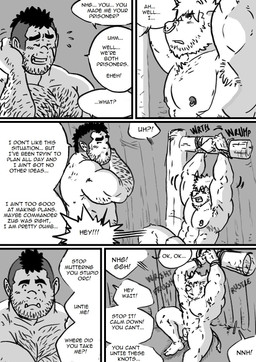 armpit_hair body_hair dialogue duo flaccid foreskin genitals hairy male male/male muscular nipples nude penis text husky92 european_mythology greek_mythology mythology bovid bovine humanoid mammal minotaur orc comic english_text greyscale hi_res monochrome multiple_scenes