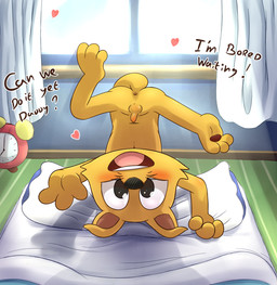 alarm_clock anthro anus balls bed bedroom blush butt clock dialogue erection feet fur furniture genitals heart_symbol looking_at_viewer male nude open_mouth pawpads penis pillow solo text upside_down whiskers young young_anthro polygon5 kaiketsu_zorori zorori canid canine fox mammal english_text hi_res