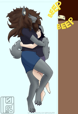 alarm_clock anthro bed bedroom clock clothed clothing female female/female fully_clothed furniture hug hugging_another human_on_anthro interspecies lying lying_on_bed on_bed hoodsy canid canine canis human mammal wolf hi_res