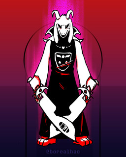 2_horns anthro biped black_clothing black_markings black_sclera clothing fur holding_melee_weapon holding_object holding_sword holding_weapon horn looking_at_viewer male markings melee_weapon solo_focus standing sword weapon white_body white_clothing white_fur borealhao undertale undertale_(series) asriel_dreemurr_(god_form) boss_monster_(undertale) bovid caprine mammal 4:5 absurd_res hi_res