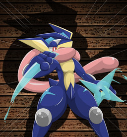 ambiguous_gender anthro pokemon_move red_eyes smile solo standing water_shuriken type nintendo pokemon amphibian generation_6_pokemon greninja pokemon_(species) 2015 hi_res