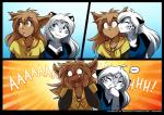 2019 aged_up anthro basitin blue_background blue_eyes blush brown_body brown_fur clothed clothing colored comic conditional_dnp duo embarrassed eyes_closed felid female female/female fur giggle gradient_background grey_body grey_fur hi_res keidran kissing kissing_cheek madelyn_adelaide maeve_(twokinds) mammal markings multicolored_body multicolored_fur open_mouth pantherine scarf screaming simple_background smile snow_leopard spots spotted_body spotted_fur surprise surprise_kiss text tom_fischbach twokinds url white_body white_fur yellow_background yellow_eyes