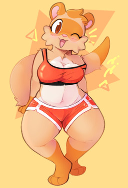 anthro blush bottomwear breasts brown_body brown_fur clothing cute_fangs fangs female front_view fur looking_at_viewer navel one_eye_closed open_mouth orange_bottomwear orange_clothing orange_shorts orange_topwear shorts simple_background smile solo tail teeth topwear wink winking_at_viewer pawberry domestic_ferret mammal mustelid musteline true_musteline weasel 2023 digital_media_(artwork) hi_res