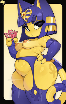 4_fingers ankh ankh_tattoo anthro areola armwear belly belly_squish biped blue_armwear blue_claws blue_clothing blue_elbow_gloves blue_gloves blue_hair blue_handwear blue_legwear blue_markings blue_thigh_highs bob_cut bodily_fluids breasts circle_eyebrows claws clothed clothing condom elbow_gloves eyebrow_through_hair eyebrows eyelashes eyelashes_through_hair female finger_claws fingers fur garter_belt garter_belt_leggings garter_straps gloves hair hand_on_hip hand_on_own_hip handwear holding_condom holding_object legwear logo looking_at_viewer markings musk nipples pear-shaped_figure ring_(marking) ringed_tail sexual_barrier_device slightly_chubby slightly_chubby_anthro slightly_chubby_female small_breasts solo squish stockings striped_markings striped_tail stripes sweat tail tail_markings text thick_thighs thigh_highs thigh_squish translucent translucent_hair unused_condom uraeus wide_hips wrapped_condom yellow_body yellow_fur krokobyaka animal_crossing nintendo ankha_(animal_crossing) domestic_cat felid feline felis mammal 2026 artist_logo artist_name hi_res portrait signature three-quarter_portrait