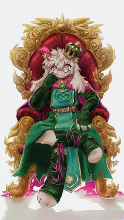 ambiguous_gender anthro arm_support chair claws clothing crown eyewear fangs floppy_ears furgonomics furniture glasses hair headgear horn horn_jewelry jewelry leaning_on_elbow legwear looking_at_viewer necklace paws pink_eyes simple_background sitting solo teeth throne white_hair bunsidhe deltarune undertale_(series) ralsei bovid caprine mammal 2026 9:16 hi_res signature male_(lore)