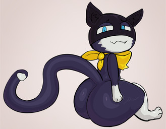 anthro big_butt black_body black_fur blue_eyes butt butt_focus cute_fangs fangs fur half-closed_eyes hand_on_butt hand_on_own_butt kerchief looking_at_viewer looking_back looking_back_at_viewer male markings mask narrowed_eyes shortstack shortstack_male solo tail tail_markings teeth thick_thighs white_body white_fur yellow_kerchief hallancer atlus megami_tensei persona_(series) persona_5 sega morgana_(persona) domestic_cat felid feline felis mammal tuxedo_cat hi_res