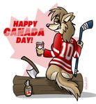 anthro axe bottle bottomless clothed clothing container hockey_stick holidays log solo wood keenfox canada_day evelyn_jones canid canine canis coyote mammal