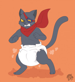 3_fingers 3_toes ambiguous_gender angry anthro blush blush_lines clean_diaper clenched_teeth clothed clothing cloud_emanata diaper diaper_puff emanata eye_patch eyewear feet fingers fur grey_body grey_fur grey_inner_ear_fluff grey_nose grey_tail inner_ear_fluff kerchief logo neckerchief neckwear orange_background red_kerchief red_neckerchief sharp_teeth simple_background solo standing tail teeth three-quarter_view toes tuft wearing_diaper whiskers white_diaper white_whiskers bubblepuppers bushiroad future_card_buddyfight helle_gepard domestic_cat felid feline felis mammal artist_logo full-length_portrait hi_res portrait