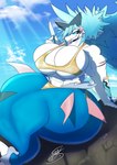 anthro big_breasts bikini blue_eyes blue_hair breasts clothed clothing eyewear eyewear_on_head female food gold_bikini hair huge_breasts hyper hyper_breasts looking_at_viewer muscular muscular_anthro muscular_female pecs piercing popsicle scar scars_all_over smile solo sunglasses sunglasses_on_head swimwear thick_thighs two-piece_swimsuit white_body wide_hips shieradevil golden_week nintendo pokemon ariel_(shieradevil) fan_character generation_7_pokemon mammal marine pinniped pokemon_(species) primarina absurd_res digital_media_(artwork) hi_res shaded