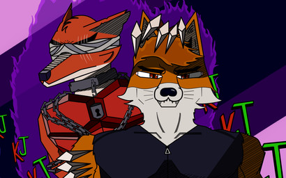 aura bandage bandage_on_face black_nose chain chain_necklace claws clothing duo eye_scar facial_scar jacket jewelry keyhole looking_at_viewer male necklace red_eyes scar simple_background standing_behind topwear whiskers kojot_fox_(artist) jojo's_bizarre_adventure vulpes_red_(stand) canid canine fox mammal stand_(jjba) 16:10 hi_res widescreen
