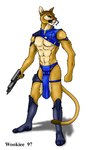 abs anthro biped blue_bottomwear blue_clothing blue_loincloth boots bottomwear brown_body brown_fur clothing electronics footwear fur grey_boots grey_clothing grey_footwear gun headgear headphones headset holding_gun holding_object holding_ranged_weapon holding_weapon loincloth male male_anthro muscular muscular_anthro muscular_male nipples pecs plantigrade ranged_weapon science_fiction shoes shoulder_pads simple_background snout solo standing tail weapon white_background wooky cougar felid feline mammal 1997 digital_drawing_(artwork) digital_media_(artwork) shaded soft_shading