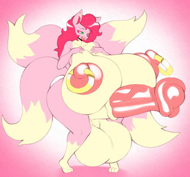 4_tails animal_genitalia animal_penis anthro areola aroused balls big_balls big_breasts big_penis bodily_fluids breasts equine_genitalia equine_penis fur genitals green_eyes gynomorph gynomorph_anthro hair huge_balls huge_breasts huge_penis hyper hyper_balls hyper_breasts hyper_genitalia hyper_penis intersex intersex_anthro looking_at_genitalia looking_at_penis multi_tail nipple_piercing nipple_ring nipples open_mouth penis piercing pink_body pink_fur pink_hair pink_nipples ring_piercing simple_background solo sweat sweatdrop tail tan_body tan_fur teeth tongue tongue_out vein veiny_penis angstrom canid canine fox mammal 2022 character_request digital_media_(artwork) hi_res