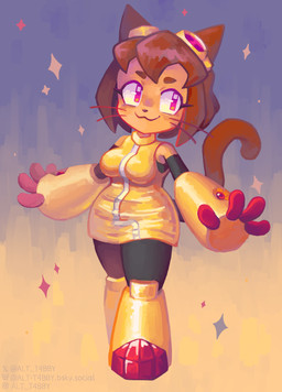 anthro black_bottomwear black_clothing black_nose black_pants bottomwear breasts brown_hair closed_smile clothed clothing eyebrows eyewear eyewear_on_head female front_view goggles goggles_on_head hair looking_aside medium_breasts medium_hair mouth_closed outstretched_arms pants simple_background smile solo standing topwear whiskers yellow_clothing yellow_topwear alt-t4bby gameoverse glitch_productions kit_bodega domestic_cat felid feline felis mammal absurd_res hi_res