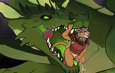 animal_genitalia animal_penis anthro blep blue_eyes bodily_fluids bottomless bottomless_anthro bottomless_male brown_body brown_fur clothed clothing crouching cum cumshot duo ejaculation erection eyewear feline_genitalia feline_penis feral fur genital_fluids genitals glasses green_body green_eyes grey_body grey_fur imminent_vore in_mouth larger_feral larger_male male male/male male_anthro male_feral mane masturbation penile_spines penis pink_penis shield size_difference smaller_anthro smaller_male tail tan_body tan_fur teeth tongue tongue_out wearing_glasses meldritchhorror mythology bikhai dragon felid lion mammal mythological_creature mythological_scalie pantherine scalie 2017 hi_res