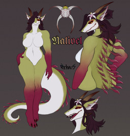 accessory anthro female flower flower_in_hair front_view hair hair_accessory hand_on_hip looking_at_viewer plant side_view solo standing tail tapering_tail echros mythology nalivel_(echros) dragon mythological_creature mythological_scalie scalie hi_res model_sheet