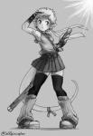 accessory bottomwear clothing female footwear gloves hair handwear headband legwear melee_weapon not_furry shoes short_hair skirt socks solo standing sword weapon snoozincopter elf humanoid absurd_res hi_res monochrome