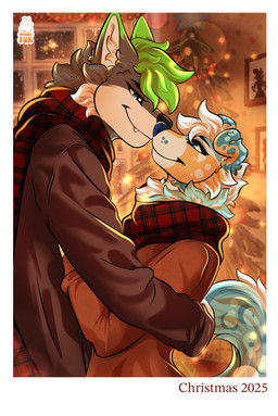 anthro bent_ears black_nose blue_body blue_eyes blue_fur blue_nose cheek_tuft chest_tuft christmas_2025 christmas_clothing christmas_decorations christmas_lights christmas_ornament christmas_tree clothing detailed_background duo facial_tuft female fur green_hair grey_body grey_fur hair holding_partner holidays jacket kiss_on_lips kissing male male/female narrowed_eyes ornament picture_frame plant polaroid_photo raised_tail scarf sky_blue_fur squint sweater tail tan_body tan_fur text topwear tree tuft white_body white_fur white_hair moonyfurr christmas kory_the_fox summer_shore_(kory_the_fox) canid canine canis domestic_dog fox mammal absurd_res english_text hi_res