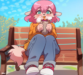 anthro autumn bench biped blush blush_lines bottomwear cheek_tuft chewing clothed clothed_anthro clothed_female clothing day denim denim_bottomwear denim_clothing detailed_background ear_piercing ear_ring eating eating_food eyelashes facial_tuft female female_anthro flower food footwear front_view fur hair holding_food holding_object jeans kemono narrowed_eyes on_bench outside pants park park_bench piercing pink_hair plant raised_foot ring_piercing shoes sitting sitting_on_bench sky sneakers solo sweater tail teal_eyes topwear tuft garyu410 canid mammal 2024 digital_media_(artwork) japanese_description signature
