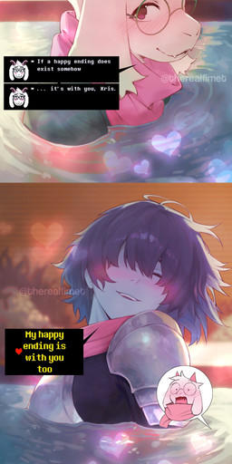 ambiguous_gender anthro blush duo eyewear floppy_ears glasses hair hair_over_eye heart_symbol horn hot_spring male partially_submerged pink_horn scarf text water therealfimet deltarune undertale_(series) kris_dreemurr ralsei bovid caprine goat human mammal absurd_res comic english_text hi_res nonbinary_(lore)