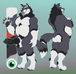 animal_genitalia animal_penis anthro ball_tuft balls black_body black_fur black_penis canine_genitalia canine_penis crossed_arms dipstick_tail erection fur genitals green_eyes grey_body grey_fur knot knotted_penis looking_at_viewer male male_anthro markings musclegut muscular muscular_anthro muscular_male nude nude_anthro nude_male open_mouth open_smile overweight overweight_anthro overweight_male pawpads penis sheath simple_background smile solo standing tail tail_markings teeth tongue tuft vein veiny_penis white_body white_fur likanen canid canine canis hybrid mammal wolfdog 2026 model_sheet
