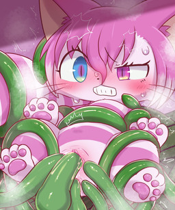 anal anal_penetration anthro anthro_penetrated biped blush bodily_fluids clenched_teeth cum cum_in_vagina cum_inside double_penetration ejaculation feet female female_anthro female_penetrated front_view fur genital_fluids green_tentacles hair handpaw heterochromia hindpaw monotone_hair multicolored_body multicolored_fur nude nude_anthro nude_female one_eye_half-closed pawpads paws penetration pink_background pink_body pink_fur pink_hair plantigrade restrained restrained_arms restrained_by_tentacles restrained_legs sex short_hair simple_background slim slim_anthro slim_female solo straight_hair striped_body striped_fur stripes teeth tentacle_in_ass tentacle_in_vagina tentacle_penetration tentacle_sex tentacles tentacles_around_arms tentacles_around_legs two_tone_body two_tone_fur vaginal vaginal_penetration whiskers badwingm cat_busters cheshire_(cat_busters) domestic_cat felid feline felis mammal 2023 cel_shading digital_drawing_(artwork) digital_media_(artwork) hi_res shaded