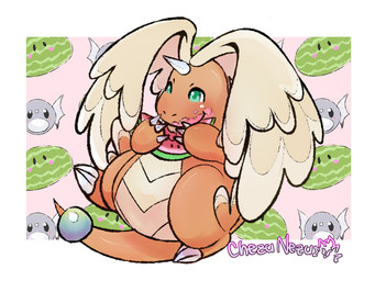 ambiguous_gender anthro belly blue_body claws feathered_wings feathers finger_claws food fruit green_eyes melon orange_body plant solo toe_claws watermelon wings haru_cruyff mythology nintendo pokemon dragon dratini generation_1_pokemon generation_9_pokemon mega_dragonite mega_evolution mythological_creature mythological_scalie pokemon_(species) scalie 4:3