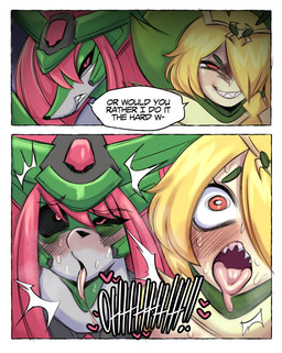 anthro black_sclera blonde_hair blush bodily_fluids dialogue duo female female_anthro green_body hair open_mouth pink_eyes pink_hair sharp_teeth speech_bubble sweat sweatdrop teeth text tongue tongue_out saltyxodium instant_loss_2koma nintendo pokemon animal_humanoid arthropod arthropod_humanoid future_pokemon generation_5_pokemon generation_9_pokemon humanoid iron_leaves leavanny mammal paradox_pokemon pokemon_(species) pokemon_humanoid robot_anthro english_text hi_res
