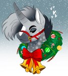 bell black_eyebrows black_mane bow_ribbon christmas_decorations eyebrows fur grey_body grey_ears grey_fur grey_horn grey_mane horn looking_aside male mane narrowed_eyes snow snowing solo spots spotted_neck white_inner_ear white_spots princelykaden mythology lou_(princelykaden) equid equine mammal mythological_creature mythological_equine unicorn headshot_portrait hi_res portrait