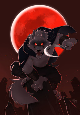 4_fingers anthro black_nose claws cloak clothing fangs fingers fur grey_body grey_fur male moon muscular muscular_anthro muscular_male pecs red_eyes red_moon sickle solo teeth weapon wristband takemoto_arashi dreamworks puss_in_boots_(franchise) death_(puss_in_boots) canid canine canis mammal wolf 2023 hi_res