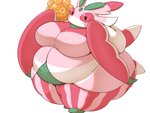 4:3 absurd_res anthro arthropod belly big_belly blush bodily_fluids breasts castform duo eyes_closed female generation_3_pokemon generation_7_pokemon hi_res insect looking_at_viewer lurantis morbidly_obese nintendo non-mammal_breasts obese obese_anthro obese_female overweight overweight_anthro overweight_female pokemon pokemon_(species) simple_background smile sunny_castform sweat sweatdrop white_background yosioka_san