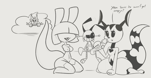 2_antennae 3_toes antennae_(anatomy) anthro anthro_on_anthro armless balls being_watched big_tail black_antennae black_eyes black_neck black_nose black_stripes black_text breasts erection eyelashes feet female female_anthro genitals glans grey_background group hair head_markings holding_another's_penis holding_penis humanoid_genitalia humanoid_penis interspecies kneeling larger_female leg_markings looking_at_another machine male male/female male_anthro markings medium_breasts navel nipples one_eye_half-closed open_mouth penis plant question_mark questioning_tone sharp_teeth shrub simple_background size_difference smaller_male smile striped_markings striped_tail stripes tail tail_markings teeth text toes tongue trio_focus fatalafterdark ultraman_(series) ele_chan eleking suavo_(littleprick08) alien ant arthropod hymenopteran insect kaiju robot robot_anthro 2022 digital_media_(artwork) english_text greyscale hi_res monochrome