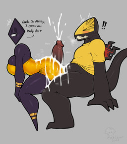1_eye anthro big_breasts big_butt big_penis black_body black_sclera black_skin blush bodily_fluids bracelet breasts butt clothing cum cum_on_back cum_on_breasts cum_on_butt cum_on_self duo exclamation_point eyes_closed female genital_fluids genitals grinding half-closed_eyes heart_symbol hot_dogging jewelry male male/female narrowed_eyes penis pupils red_pupils seductive sex sharp_teeth teeth text yellow_clothing mehdrawings prisma_(fr0gv0re) voladile_(fr0gv0re) crocodile crocodilian humanoid reptile scalie shape_head absurd_res hi_res