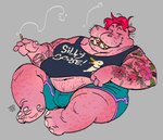 4_fingers anthro arm_hair arm_tattoo barefoot belly biped black_clothing black_shirt black_tank_top black_topwear blue_bottomwear blue_clothing blue_shorts blush body_hair bottomwear breasts bulge chest_hair cigarette clothing crooked_teeth feet fingers flower grey_background hair half-closed_eyes holding_cigarette holding_object leg_hair looking_at_another male moobs narrowed_eyes overweight overweight_anthro pink_body plant reclining red_hair shirt short_hair shorts simple_background small_breasts smoke smoke_trail solo stomach_hair tank_top tattoo text topwear whiskers corantus anatid anseriform anserinae avian bird common_hippopotamus goose hippopotamid mammal absurd_res digital_media_(artwork) english_text hi_res nonbinary_(lore)