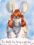 anthro bdsm breasts collar english_text female hair lagomorph leporid looking_at_viewer mammal nipples rabbit red_hair ruaidri solo text the_pet_bunny