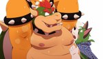 anthro armpit_fetish armpit_lick armpit_play belly big_belly blush bodily_fluids duo eyes_closed green_body humanoid_hands kemono licking male moobs musk nipples overweight overweight_male sweat tongue tongue_out eto1212 mario_bros nintendo bowser canid canine koopa mammal scalie 2023 hi_res