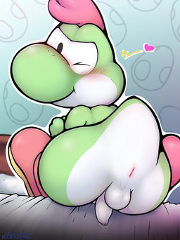 anthro anus backsack balls black_eyes blush blush_lines butt closed_smile clothing flaccid footwear footwear_only foreskin genitals glistening glistening_body glistening_butt green_body green_tail hair heart_symbol logo looking_at_viewer looking_back looking_back_at_viewer male male_anthro mostly_nude mostly_nude_anthro mostly_nude_male mouth_closed multicolored_body non-mammal_balls one_eye_closed outline penis penis_backwards pink_anus pink_clothing pink_footwear pink_hair pink_shoes presenting presenting_anus presenting_balls presenting_hindquarters presenting_penis raised_tail rear_view shoes shoes_only short_tail smile solo tail unretracted_foreskin white_balls white_body white_outline white_penis white_tail wink winking_at_viewer young young_anthro young_male yamausagi0619 mario_bros mythology nintendo paper_mario paper_mario:_the_thousand_year_door the_great_gonzales_jr dinosaur dragon green_yoshi mythological_creature mythological_scalie prehistoric_species reptile scalie yoshi 2025 absurd_res artist_logo digital_media_(artwork) hi_res