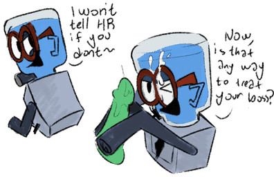 bodily_fluids boss cum cum_on_face dialogue disembodied_penis duo eyewear genital_fluids genitals glasses grey_body handjob male not_furry offering_sex penile penis red_eyewear red_glasses sex simple_background smile smirk smug solo_focus teasing text white_background objectfucker jackbox_games job_job the_jackbox_party_pack m._bubbles animate_inanimate humanoid 2025 english_text nonbinary_(lore)