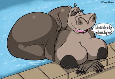 anthro big_breasts big_butt big_nipples breasts butt crossed_arms dialogue female grey_body huge_breasts huge_butt hyper hyper_butt looking_at_viewer nipples nude overweight overweight_female partially_submerged poolside smile smiling_at_viewer solo speech_bubble swimming_pool text thick_thighs water wide_hips story_delight dreamworks madagascar_(series) gloria_(madagascar) common_hippopotamus hippopotamid mammal 2024 digital_drawing_(artwork) digital_media_(artwork) english_text signature