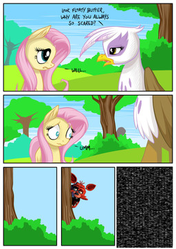 anthro beak blue_eyes brown_eyes cloud dialogue feathered_wings feathers female hair long_hair machine male outside pink_hair plant sky stalking static teeth text tree wings mysticalpha third-party_edit five_nights_at_freddy's friendship_is_magic hasbro my_little_pony mythology scottgames fluttershy_(mlp) foxy_(fnaf) gilda_(mlp) avian equid equine gryphon mammal mythological_avian mythological_creature mythological_equine pegasus robot comic crossover digital_media_(artwork) english_text hi_res