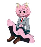 black_sclera blush bottomwear clothed clothing clothing_lift female genitals horn no_underwear partially_clothed pink_body pink_skin pussy raised_bottomwear raised_clothing raised_skirt school_uniform simple_background skirt skirt_lift solo uniform white_background yellow_eyes thrumbo_(artist) my_hero_academia ashido_mina horned_humanoid humanoid quirked_human_(my_hero_academia) hi_res