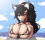 areola areola_slip beach big_breasts bikini black_hair breast_play breasts cleavage clothed clothing female genitals hair huge_breasts male male/female penis seaside sex swimwear titfuck two-piece_swimsuit xelsword hololive vtuber ookami_mio animal_humanoid humanoid hi_res