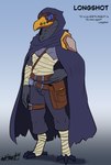 basic_armor beak cloak clothing eyewear gem goggles hood longshot_(character) male simple_background solo text winged_arms wings wrappings bear213 dungeons_and_dragons hasbro wizards_of_the_coast avian kenku 2024 english_text flat_colors hi_res model_sheet