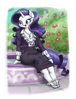 anthro anthrofied black_bottomwear black_clothing black_skirt blue_eyes blush bottomwear bracelet breasts cleavage clothed clothing ear_piercing eyelashes eyeshadow female fetlocks footwear fur hair high_heels hoof_hands hooves horn jewelry legs_together long_hair makeup necklace open_mouth open_smile outside piercing plant purple_clothing purple_hair purple_tail purple_topwear shoes shrub sitting skirt smile solo tail tight_bottomwear tight_clothing tight_skirt topwear unguligrade white_body white_clothing white_footwear white_fur white_high_heels king-kakapo friendship_is_magic hasbro my_little_pony mythology rarity_(mlp) equid equine mammal mythological_creature mythological_equine unicorn 2017 hi_res