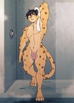 anthro balls fur genitals green_eyes hair humanoid_genitalia humanoid_penis male markings muscular nipples nude penis shower solo spots spotted_body spotted_fur standing towel water wet rook_kawa cole_(cole_rs) amur_leopard felid feline felis leopard mammal pantherine 2022 digital_media_(artwork) hi_res